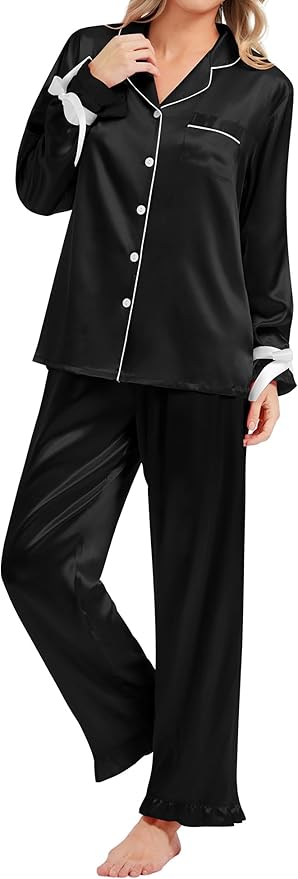 SWOMOG Womens Silk Satin Pajamas Set Long Sleeve Button Down Sleepwear 2 Piece Lounge Set Pj Set XS-3XL