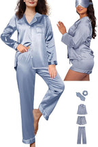 WJing Yi Jia 5Pcs XS-XXL Womens Silk Satin Pajamas Sets Long Pj Sets Button Down Pjs Set Loungewear Sleepwear