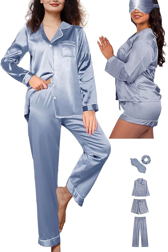 WJing Yi Jia 5Pcs XS-XXL Womens Silk Satin Pajamas Sets Long Pj Sets Button Down Pjs Set Loungewear Sleepwear