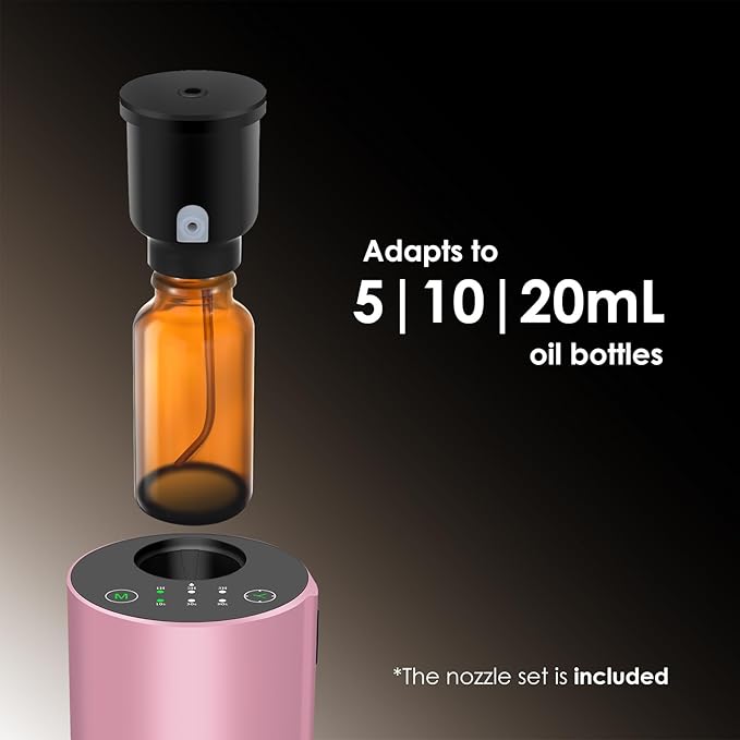 Waterless Essential Oil Diffuser, Battery Powered Mini Scent Air Machine, Aromatherapy Mist Diffuser for Home Room Car Office (Pink Aluminum Alloy)