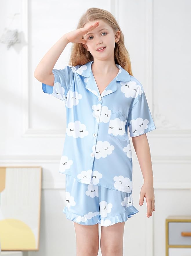 Umeyda Girls & Women Satin Pajamas Set Button Down 2 Piece Silk Pjs Shorts Set Ruffle Sleepwear, 5 Years-Women L
