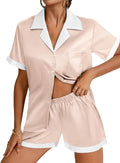 Ekouaer Womens Silk Satin Pajama Set Short Sleeve PJs 2 Piece Button Down Top and Shorts Notch Collar Sleepwear Sets Soft Pjs