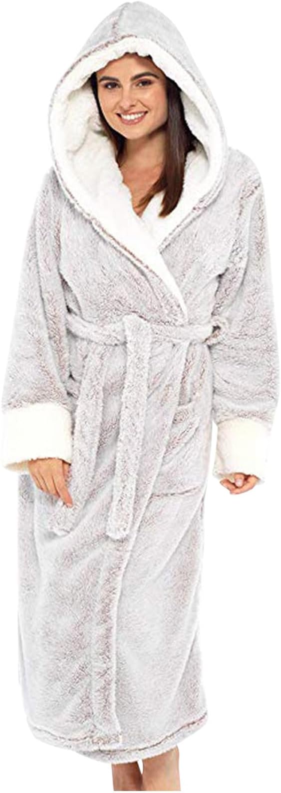 Fuzzy Plush Bathrobe Women Fashion Hooded Thicken Fleece Lined Warm Comfy Long Robe Flannel Loungewear