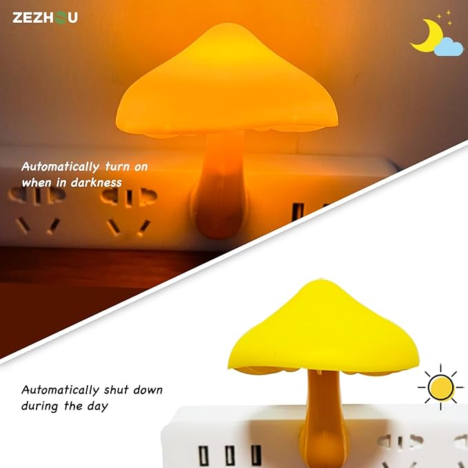 Sensor LED Mushroom Night Light - Plug-in Wall Energy Saving Dream Bed Room Nightlight for Kids Adults Cute Mushroom Lamp Cottagecore Decor for Bedroom, Bathroom, Stairs, Hallway Corridor, Warm Yellow