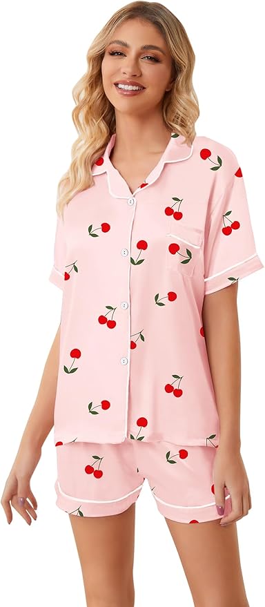 Umeyda Women & Girls Pajamas Set, Soft Satin Lightweight Silk Button-Down Top with Shorts 2 Piece PJS for Mom Boys Kids Gifts