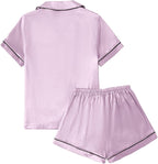 LYANER Women's Silky Satin Pajamas Set Short Sleeve Button Down Shirt With Shorts Pjs Set Sleepwear
