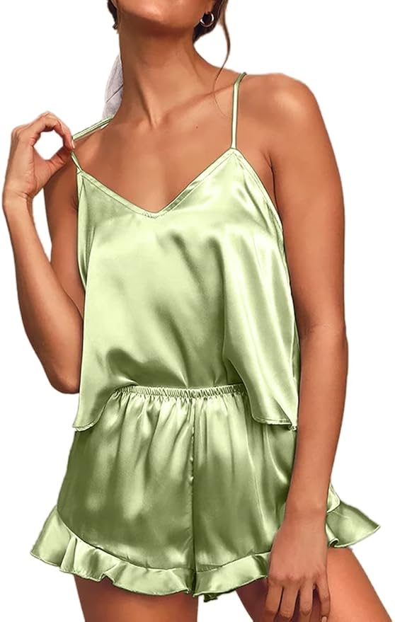 CHYRII Women's Sexy Silk Satin Ruffled Pajamas Sets Cami Shorts Sets Sleepwear