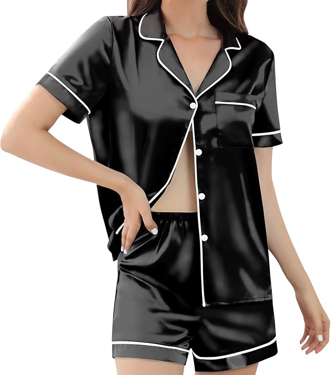 Silk Pajamas for Women Satin Womens PJ Set 2 Piece Short Lounge Set Summer Sleepwear Notch Collar Button-Down Pjs