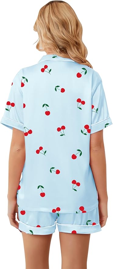 Umeyda Women & Girls Pajamas Set, Soft Satin Lightweight Silk Button-Down Top with Shorts 2 Piece PJS for Mom Boys Kids Gifts