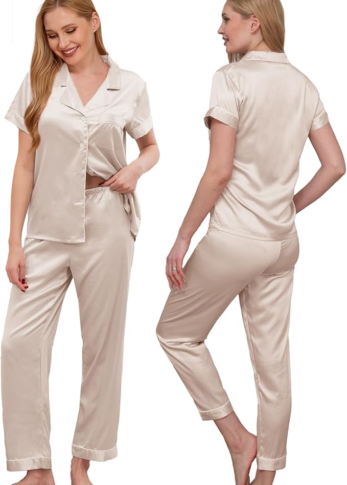WJing Yi Jia Womens Pajamas Set XS-4XL Floral Silk Satin Pajama Sets Silky Pj Sets 2Pcs Loungewear Sleepwear Button Down Pjs