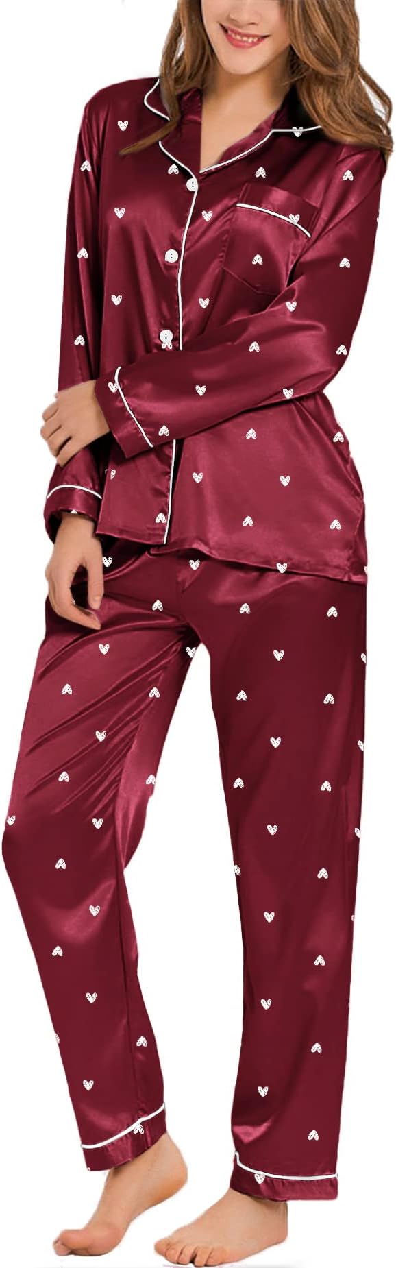 SWOMOG Womens Silk Satin Pajamas Set Long Sleeve Button Down Sleepwear 2 Piece Lounge Set Pj Set XS-3XL