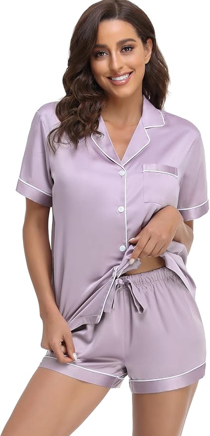 Serenedelicacy Women's Satin Pajama Set 2-Piece Sleepwear Loungewear Button Down Short Sleeve Silky PJ Set