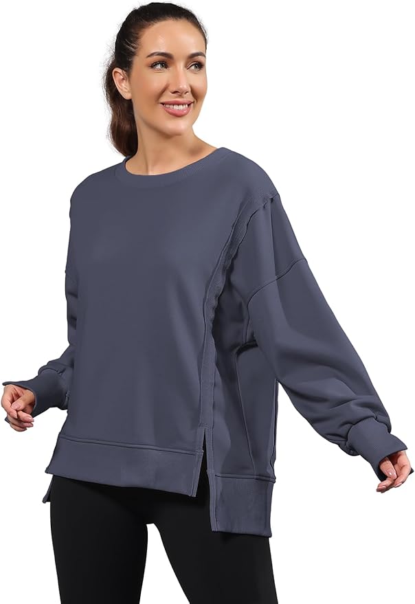 Nirovien Womens Oversized Crewneck Sweatshirt Side Slit Long Sleeve Pullover Slouchy Fit Tops
