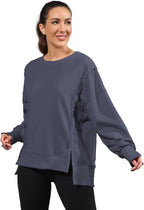 Nirovien Womens Oversized Crewneck Sweatshirt Side Slit Long Sleeve Pullover Slouchy Fit Tops