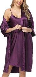 Women's Satin Robe Sets 2 Piece Nightgown Silk Pajama Sexy Floral Lingerie Lace Cami Sleepwear Night Robes