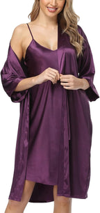 Women's Satin Robe Sets 2 Piece Nightgown Silk Pajama Sexy Floral Lingerie Lace Cami Sleepwear Night Robes