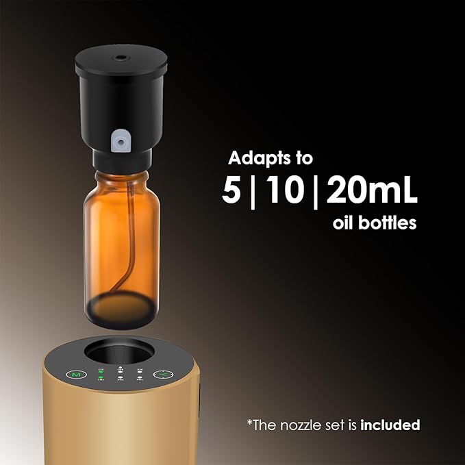 Waterless Essential Oil Diffuser, Battery Powered Mini Scent Air Machine, Aromatherapy Mist Diffuser for Home Room Car Office (Gold Aluminum Alloy)