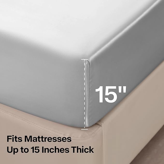 BEDELITE King Size Sheets Set, Luxury Soft Grey Satin Sheets for Hair and Skin, Similar to Silk Bed Sheets Set 4 Pieces with 1 Deep Pocket Fitted Sheet, 1 Flat Sheet, and 2 Pillowcases
