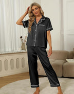 SAPJON Silk Pajamas for Women Set 4Pcs Ruffled Satin Pajamas Set Button Down Short Sleeve Cami Shorts Sleepwear Pj Set
