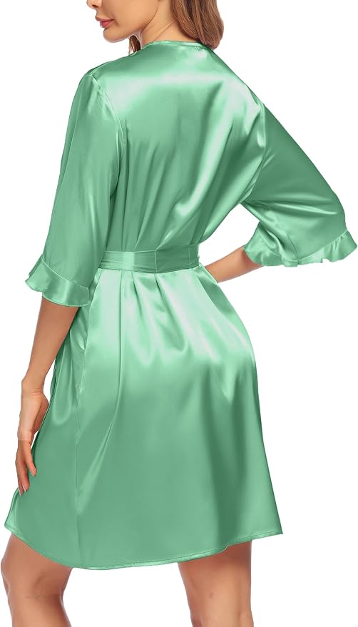 Ekouaer Women's Satin Robe Valentines Lingerie for Women Kimono Bathrobe Short Ruffle Belted Robes Bridesmaids Sleepwear