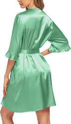 Ekouaer Women's Satin Robe Valentines Lingerie for Women Kimono Bathrobe Short Ruffle Belted Robes Bridesmaids Sleepwear