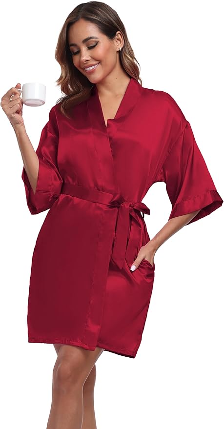 Women's Short Satin Robes Silky Bathrobe Bridesmaid Sleepwear for Wedding Party Getting Ready Solid Color