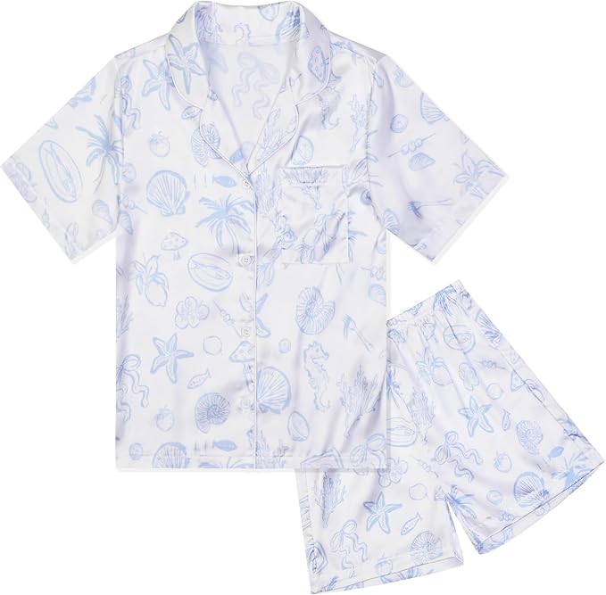 QPANCY Kids Satin Pajamas Sets Baby Boy Girl Button-Down Silk Sleepwear 2 Piece Short Sleeve Loungewear Clothes Set