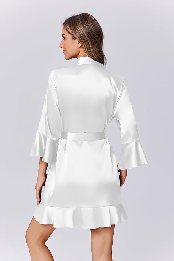 Ekouaer Women's Satin Robe Short Ruffle Hem Silky Robes Lightweight Kimono Brides Bathrobes Sleepwear XS-XXL