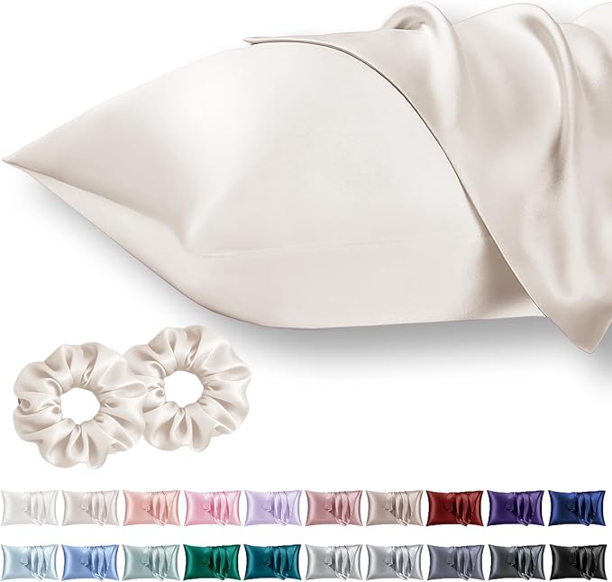 Vielit Queen Satin Pillowcase for Hair 2pc,Similar to Silk Pillow Cases,Easier Care Than Silk Pillowcase,Gifts for Women Men,Beige,20x30 & Envelope Closure and 2 Satin Scrunchies