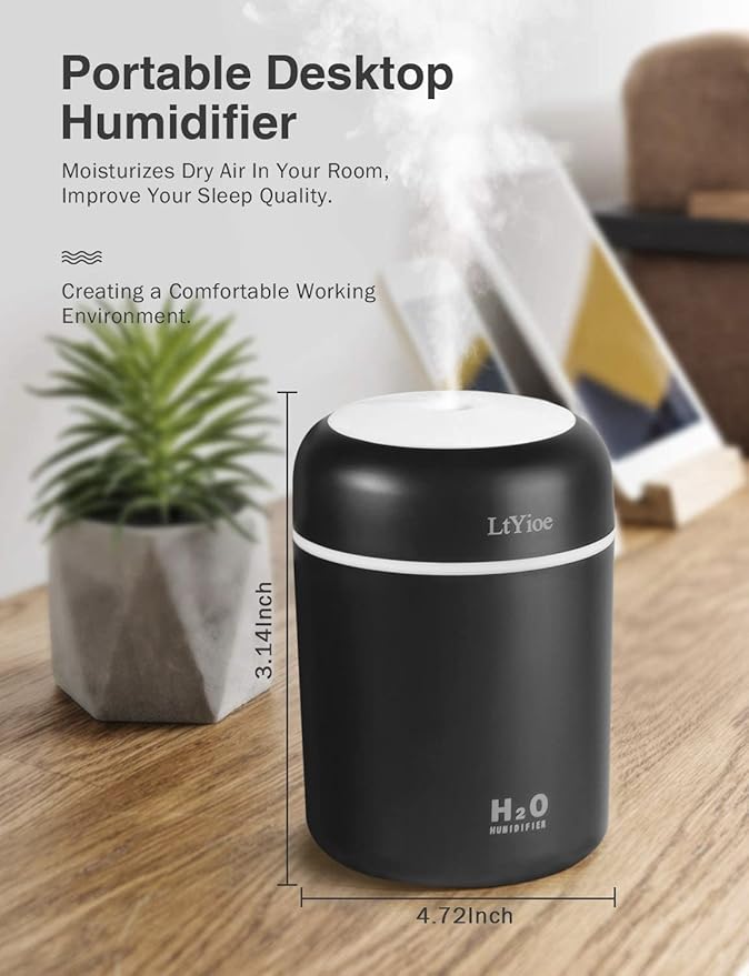 LtYioe Humidifier Portable Mini Humidifiers for Bedroom, Personal Desktop Cool Mist Air Humidifier with Colorful Night Light, 2 Mist Modes & Auto Shut-Off, Super Quiet for Car Office Home (Black)