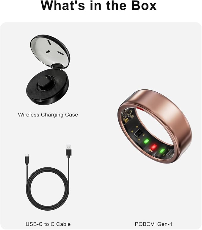 POBOVi Smart Ring for Women Men- Sleep/Fitness/Stress/Heart Rate Tracker- Menstrual Records - 5 Days Battery Life - Wireless Charging - No APP Subscription - iOS & Android Compatible(Rosegold,Size 7)