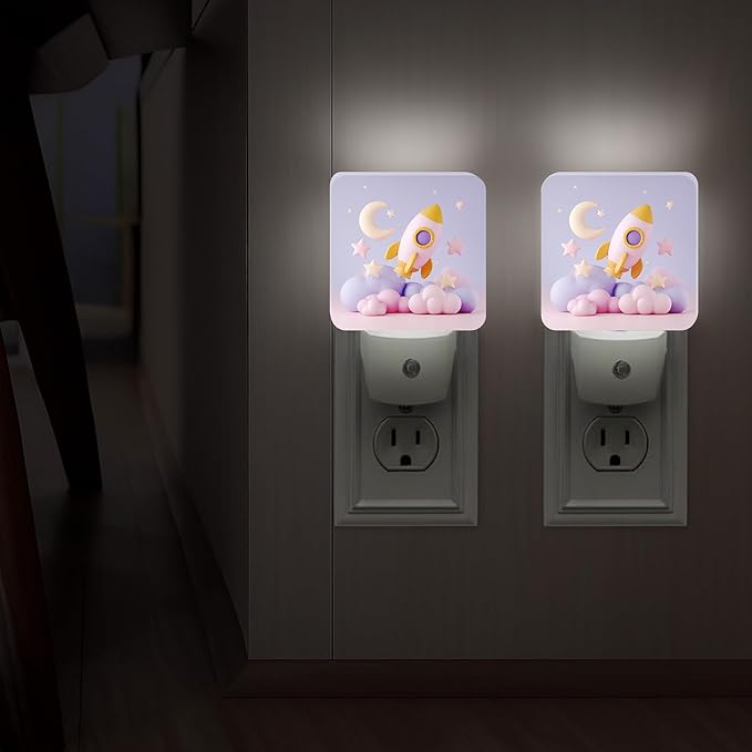 Rocket Night Lights Plug Into Wall, Playful Fanciful Moon Stars None Pastel Peach Plug in Night Light with Dusk to Dawn Sensor for Bathroom Closet Laundry Room Decor 2pcs