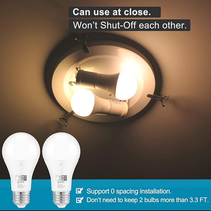 Qualilux Dusk to Dawn LED Light Bulbs Outdoor, Automatic On/Off, 60W Equivalent, Warm White 3000K, Energy Efficient 9.5W, 850 Lumen, A19, E26 Base, 4-Pack, HQ-H009
