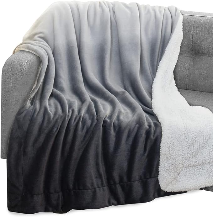 Elegant Comfort Throw Blanket, Reversible Sherpa Flannel, Ultra-Soft, Fuzzy, Cozy and Plush- All Season Lightweight Decorative Throw, 50 x 60 inches, Ombre Design Sherpa Throw, Gray