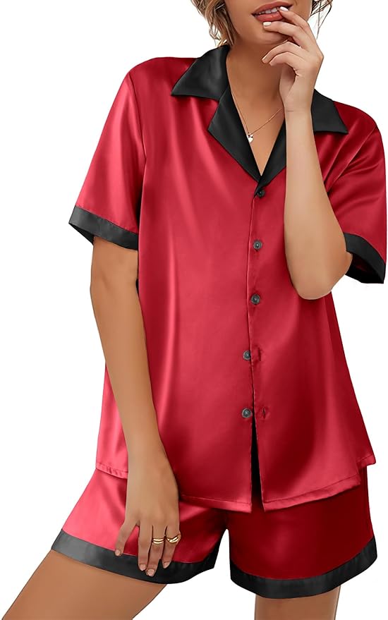 Ekouaer Womens Silk Satin Pajama Set Short Sleeve PJs 2 Piece Button Down Top and Shorts Notch Collar Sleepwear Sets Soft Pjs