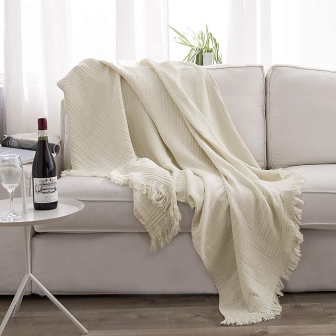 Simple&Opulence Cotton Muslin Throw Blanket for Bed, Couch, Knit Woven Gauze Blanket with Tassels, Soft Lightweight Cozy Pre-Washed Breathable Farmhouse Decoration for All-Season (Cream)