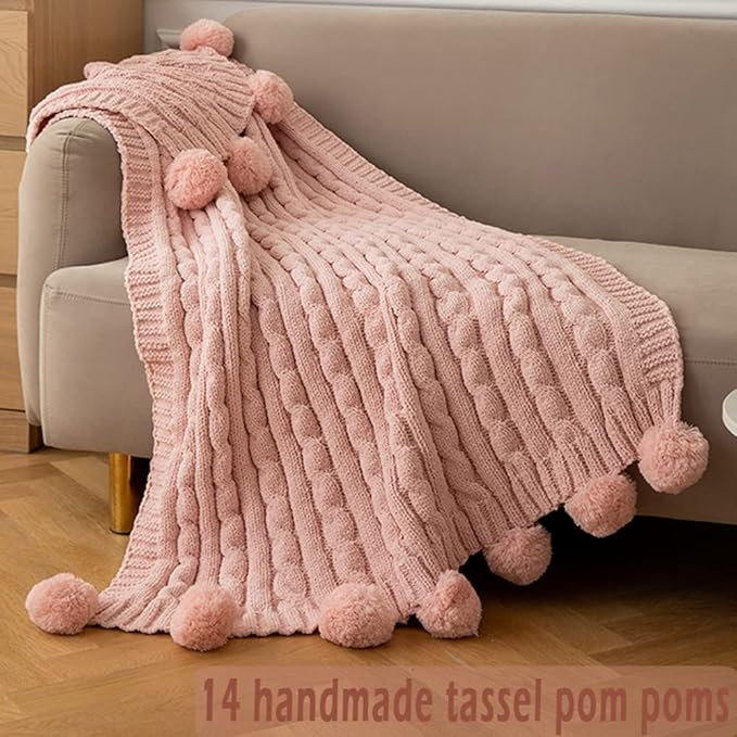 ATMOSURELY Ultra Soft Pink Chenille Cable Knit Throw Blanket with Handmade Pom Poms Cozy Fluffy Knitted Blanket Lightweight Warm Woven Farmhouse Blanket for Bed Sofa Couch 50x60 Inches (Pink)