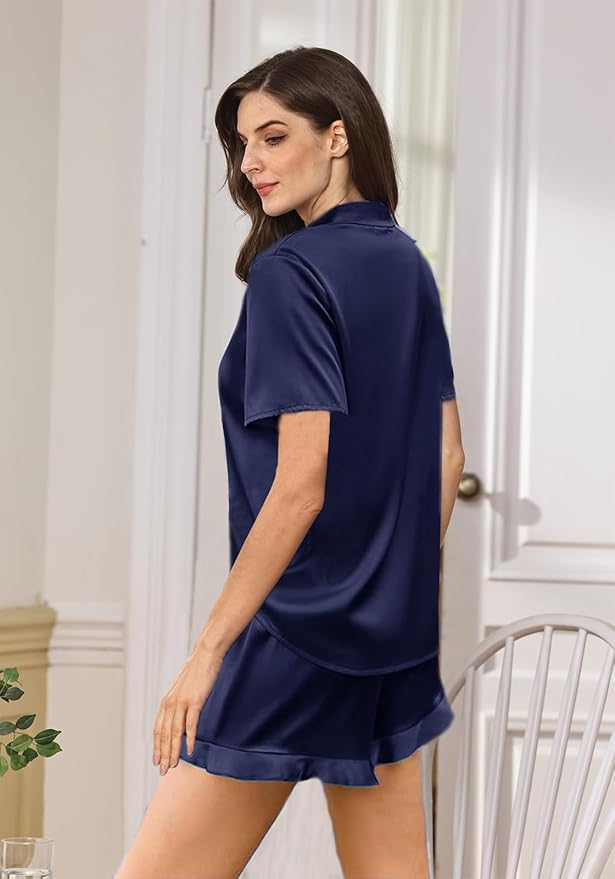 WJing Yi Jia Ruffle Pajama Sets For Women XS-4XL Womens Silk Satin Pajamas Set Silky Sleepwear Pj Sets Nightwear Loungewear