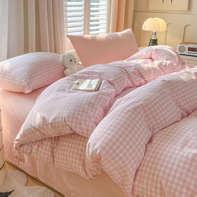 Nayoroom Gingham Duvet Cover Twin Size Pink White Plaid Checkered Comforter Cover 2 Pcs Soft Breathable Washed Microfiber Grid Farmhouse Bedding Set with Pillow Shams