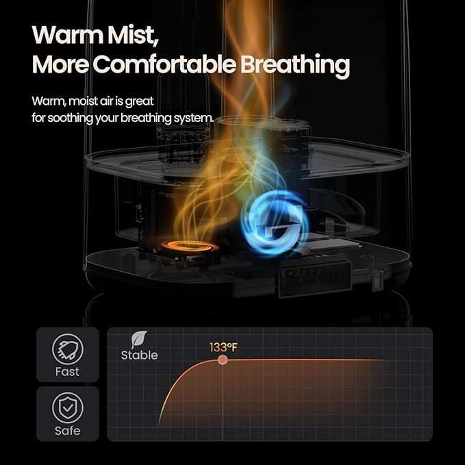 6L Top Fill Ultrasonic Humidifier - Cool and Warm Mist for Bedroom, Baby, Large Rooms & Plants, Smart Humidity Control, Aroma Diffuser, Night Light, 12H Timer, Quiet