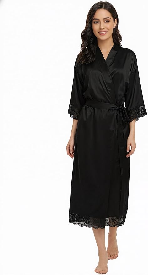 Long Satin Robes for Women Ankle Length Kimono Robes Silky Bridal Party Robes with Lace Trim Bridesmaid Loungewear Sleepwear