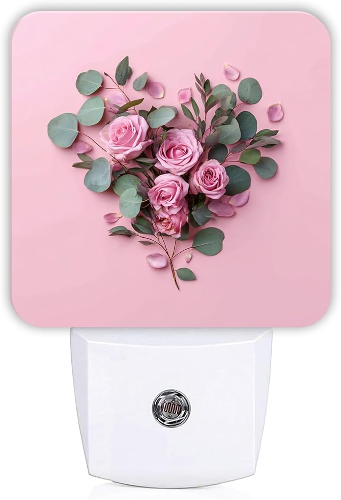 Roses Night Lights Plug Into Wall, Floral Romantic Eucalyptus Heart Shape Spring Peach Compact Plug in Outlet Night Light Led Lamp for Entryway Garage Stairs Decor 1pcs