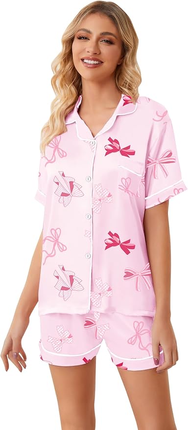 Umeyda Women & Girls Pajamas Set, Soft Satin Lightweight Silk Button-Down Top with Shorts 2 Piece PJS for Mom Boys Kids Gifts