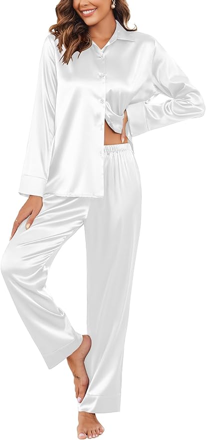Ekouaer Women Satin Silk Pajamas Classic Long Sleeve Button Down Pjs Set Soft Loungewear
