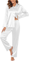 Ekouaer Women Satin Silk Pajamas Classic Long Sleeve Button Down Pjs Set Soft Loungewear