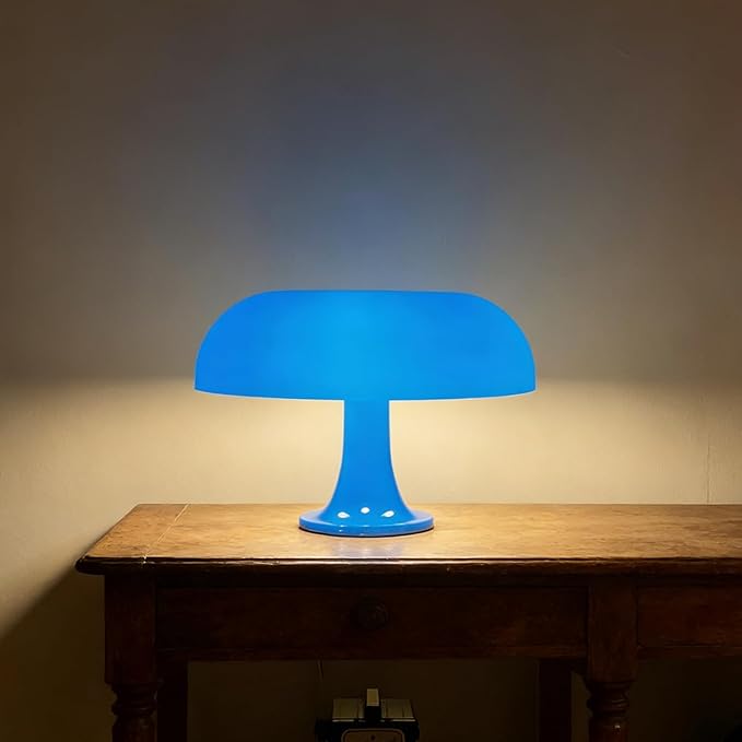 25W Blue Mushroom Lamp, LED Retro Table Lamp with 3 Color Temperatures and 4 Bulbs, Mid Century Modern Nightstand Light for Bedroom, Living Room, Office Aesthetic Decor, US Plug Powered, E14 Sockets
