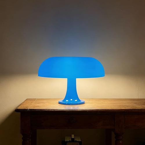 25W Blue Mushroom Lamp, LED Retro Table Lamp with 3 Color Temperatures and 4 Bulbs, Mid Century Modern Nightstand Light for Bedroom, Living Room, Office Aesthetic Decor, US Plug Powered, E14 Sockets