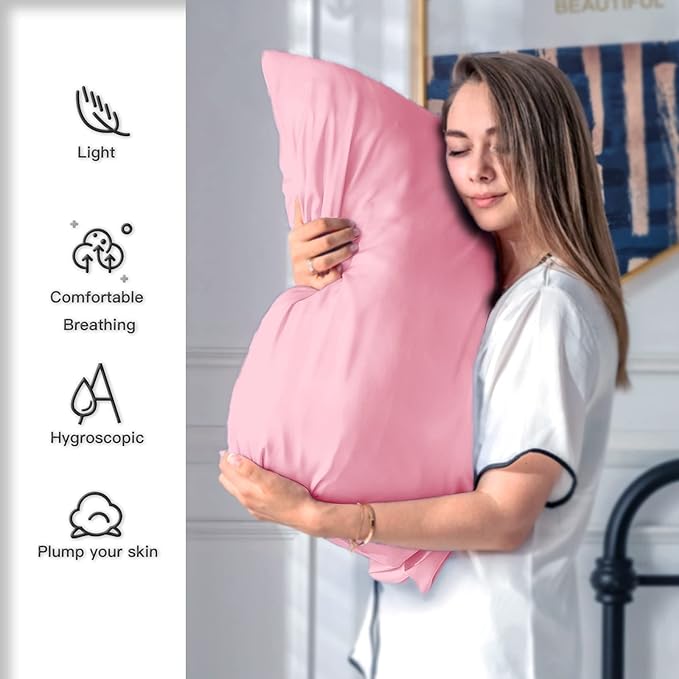 Silk Pillow Cases 2 Pack,Soft Breathable and Sliky Standard Size Pillow Cases Set of 2,Natural Mulberry Silk Pillowcase Set of 2 for Hair and Skin with Hidden Zipper (Pink,20"X 26",2pcs)