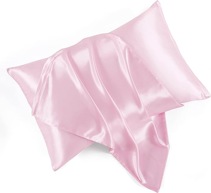 Satin Pillowcases with Zipper （20x30）,Queen Size Pillowcases Set of 2, Pink Silk Pillowcase for Hair and Skin