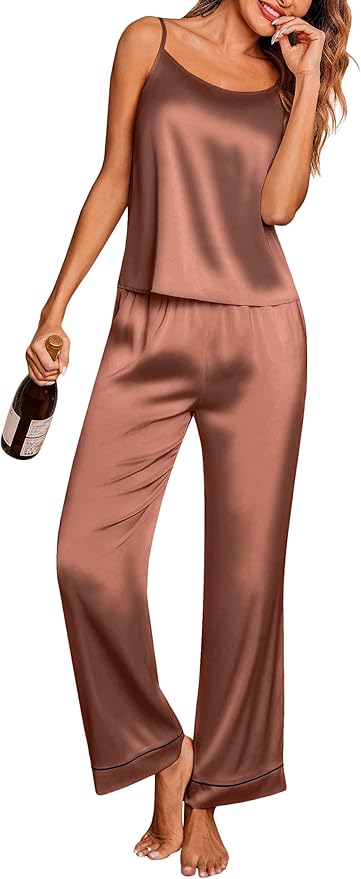 Ekouaer Women Silk Satin Pajamas Sleeveless Pjs Set 2 Piece Summer Loungewear Sleepwear with Pockets S-XXL